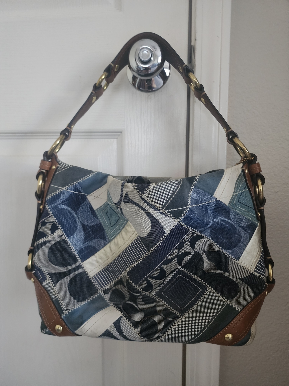 Coach Blue Patchwork Canvas Hobo Bag with Brown Leather Trim